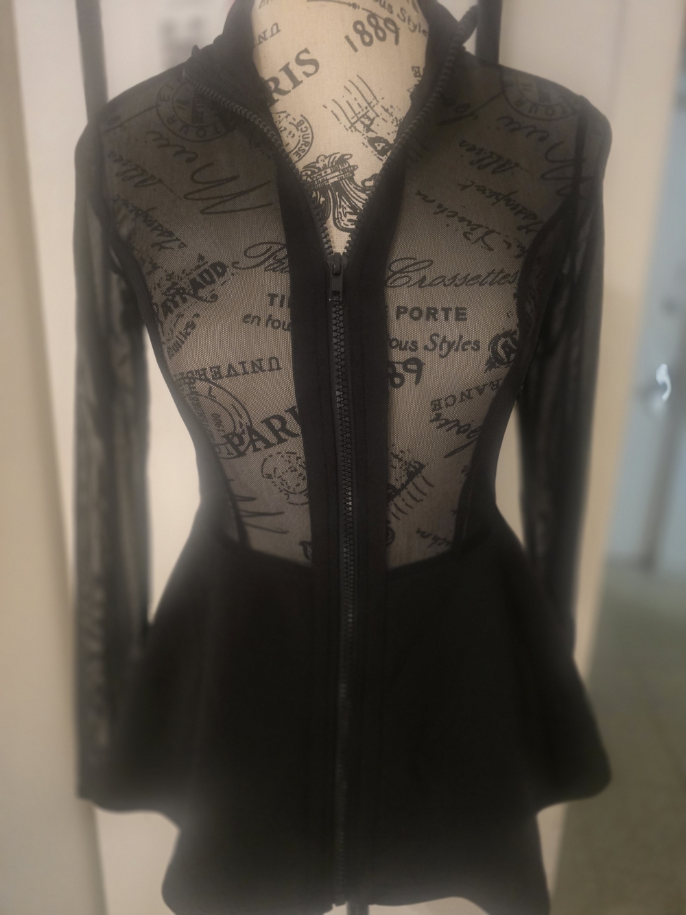 Revamped Black Sheer Mesh Peplum Zip-Up Hoodie